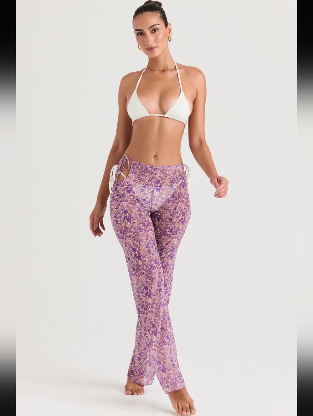 House of CB Keala Cutout Trousers Violet Floral Sheer Swim Coverup Pants Size S